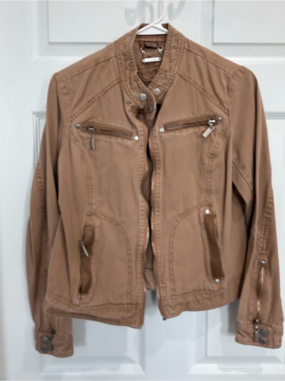 Jou Jou Women’s Small Tan Cotton Moto Biker Jacket Y2K Zip Pocket Utility